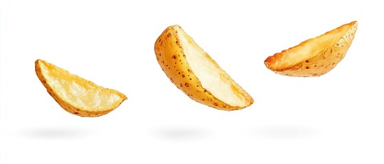 Three golden fried potato wedges appear floating in the air