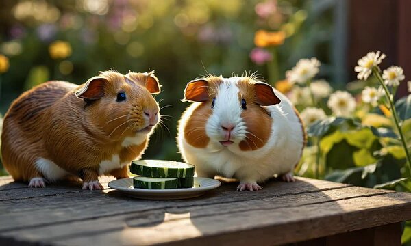 Two guinea pigs enjoy cucumber slices in a vibrant garden setting.