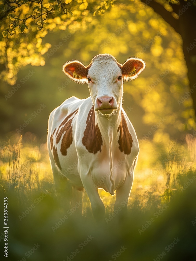 Aufkleber Joyful dairy cow enjoys a sunny afternoon stroll in a lush meadow surrounded by golden light and vibrant greenery Generative AI