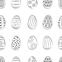 Seamless background. Easter pattern. Easter eggs. Coloring page. Black line.