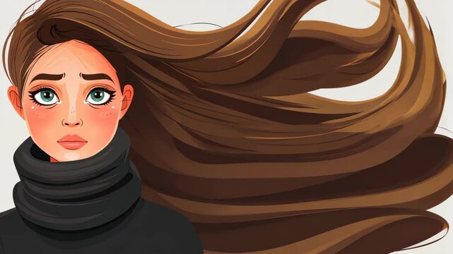 A stunning anime girl gazes into the camera, her sad expression enhanced by the gentle wind that sweeps around her.