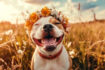 Golden hour in sunset. Vacation time happiness. Cute baby dog bull terrier wearing free flower circlet on its head. Lovely dog with floral charm. Radiant summer joy for pets.
