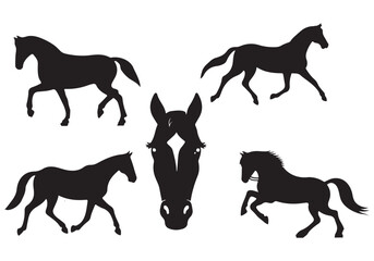 Running Horse Silhouettes and Horse Head Icon Set in Black Vector Style for Equestrian Designs