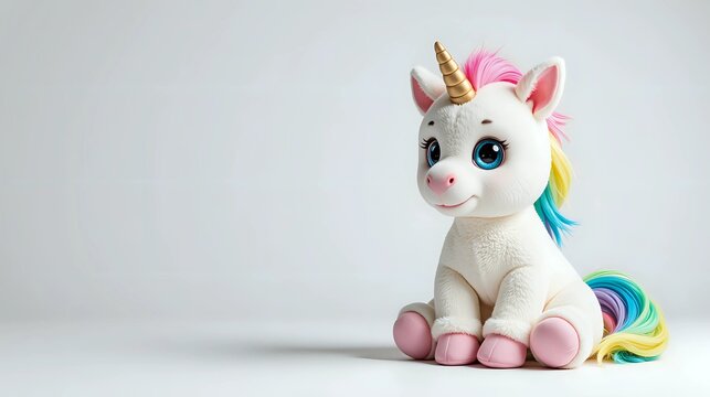Adorable plush unicorn with rainbow mane sitting on white background - whimsical delight