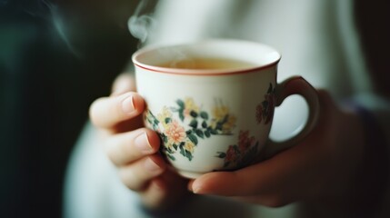 Fototapeta premium Hands holding hot tasty tea. Healthy drink.