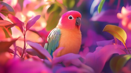 Cheerful Parakeet in a Surreal Colorful Setting – A Whimsical and Vibrant Avian Portrait Full of Charm