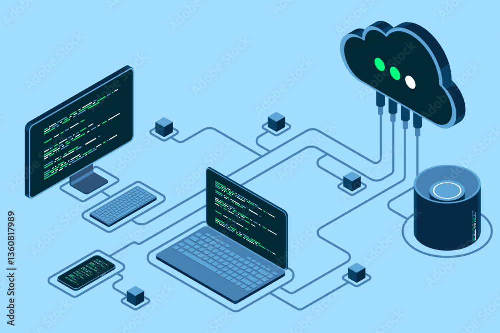Poster cloud technology computing concept. modern cloud technology. data center isometric concept. isometri