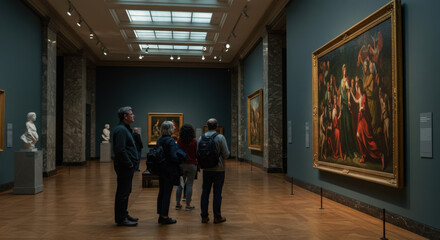 Fototapeta premium art enthusiasts admiring a painting in a modern gallery 