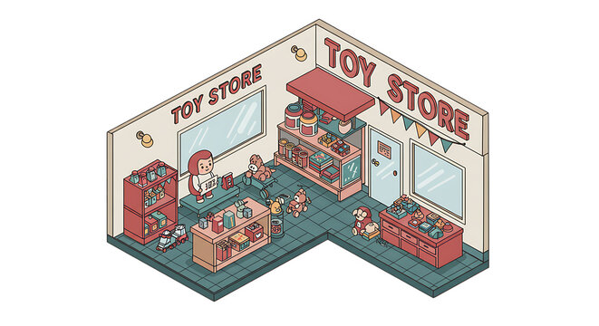 Toy Store Interior Isometric Illustration Featuring Stuffed Animals and Classic Toys