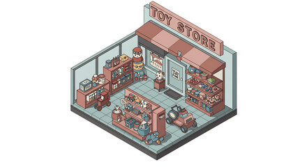 Obraz premium Isometric toy store illustration showing toys on display for sale