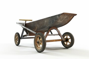 A vintage wheelbarrow with wooden handles on display against a white background