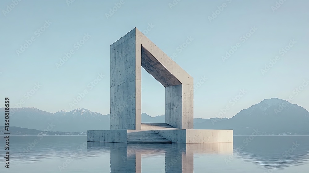 Poster minimalist concrete architectural structure on a tranquil lake