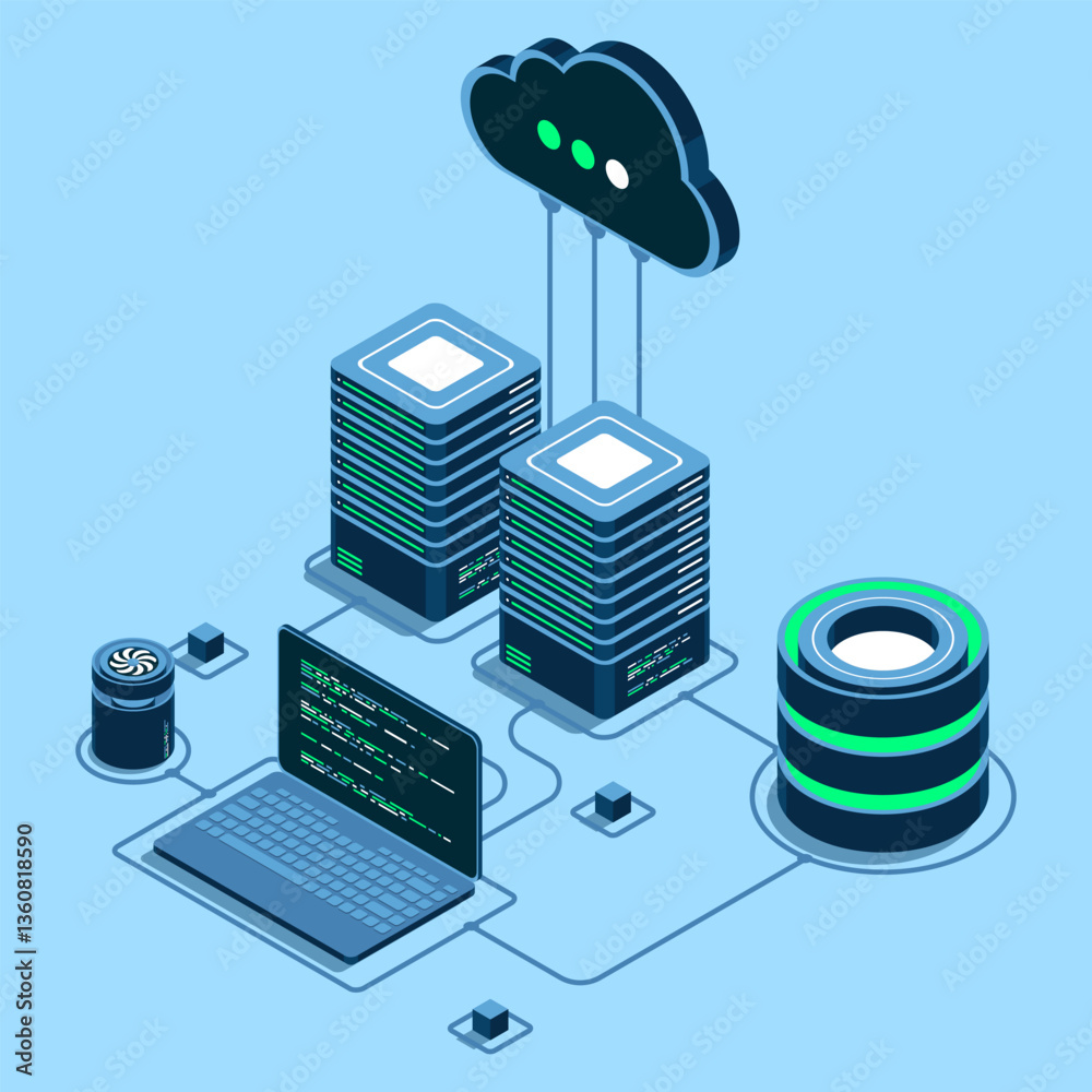 Poster cloud technology computing concept. modern cloud technology. data center isometric concept. isometri