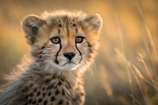 Close up portrait of a baby cheetah with soft fur in golden sunset light