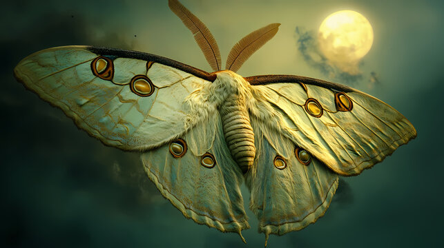 Moon moth photography: stunning images of lunar moths, night insects, lepidoptera, big moth, giant moth, actias luna, saturniidae. Lunar Chrysalis. Illustration