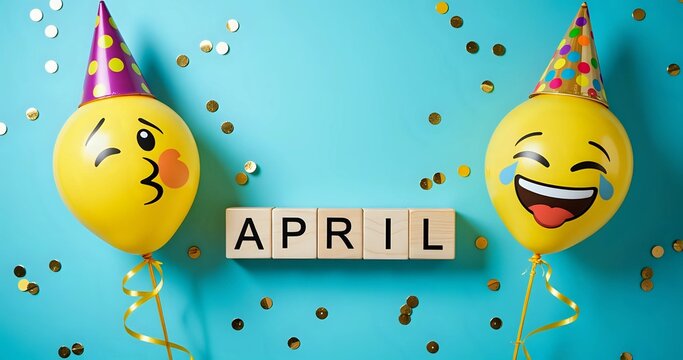 Festive april celebration with emoji balloons and confetti - joyful spring - Powered by Adobe