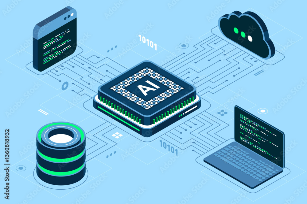 Fototapete Isometric artificial intelligence chip concept. Artificial Intelligence server. Futuristic microchip processor. Isometric cloud computing. Isometric technology