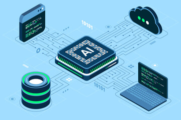 Isometric artificial intelligence chip concept. Artificial Intelligence server. Futuristic microchip processor. Isometric cloud computing. Isometric technology