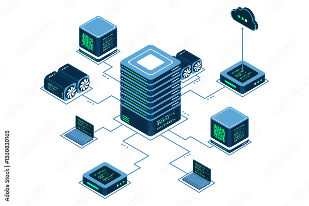 Poster computer technology isometric illustration. computation of big data center. cloud computing. online 