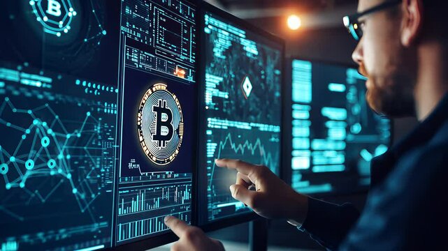 Exploring cryptocurrency trends with innovative technology in a modern workspace during evening hours