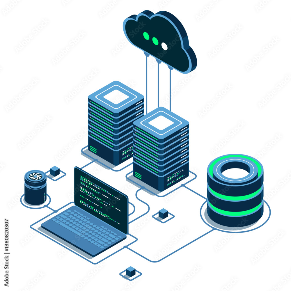 Poster cloud technology computing concept. modern cloud technology. data center isometric concept. isometri