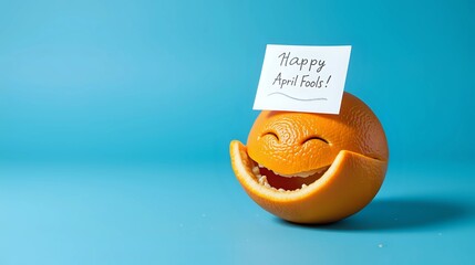 Smiling orange with "happy april fools!" note on turquoise background - cheerful spring prank