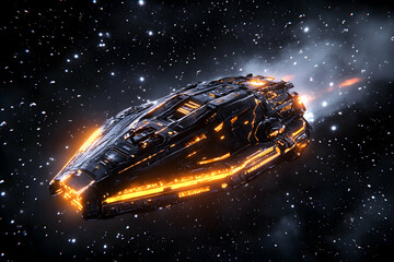 Futuristic spaceship in outer space, flying through stardust, possible use for science fiction, space exploration, or gaming