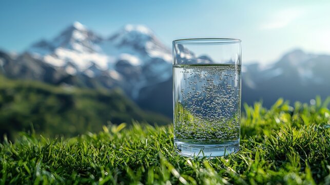 Fresh mountain spring water in a glass surrounded by lush grass and snow-capped peaks