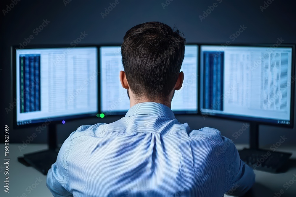 Poster business person analyzing data on multiple monitors