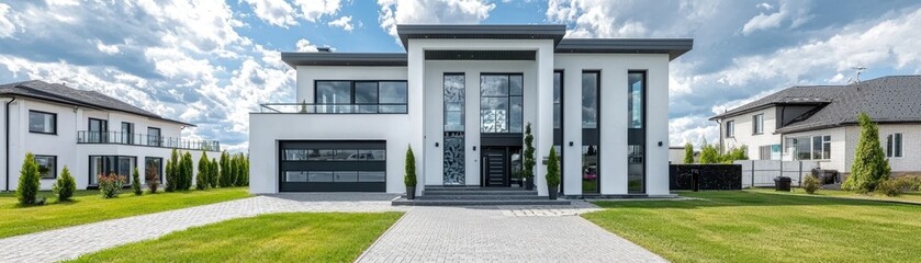 Luxurious residence in a suburban area, surrounded by greenery and clear sky for real estate marketing