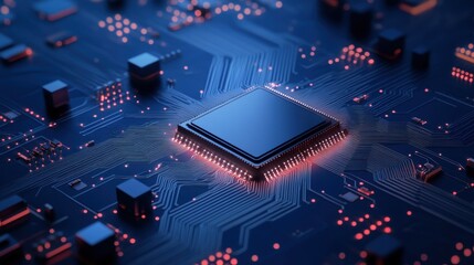 Close-Up View of a Microprocessor on a Circuit Board with LED Lights and Electric Connections