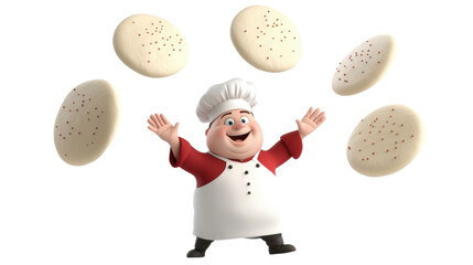 Naklejka premium Animated cartoon chef in a white uniform cheerfully juggling multiple eggs in a busy kitchen setting