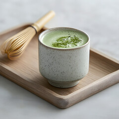 Light green matcha latte in a textured ceramic cup, with a bamboo whisk