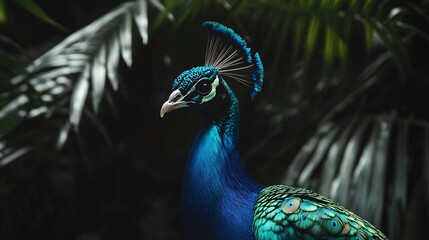 Obraz premium Majestic peacock with only its brilliant blue and green plumage highlighted against a black and white garden