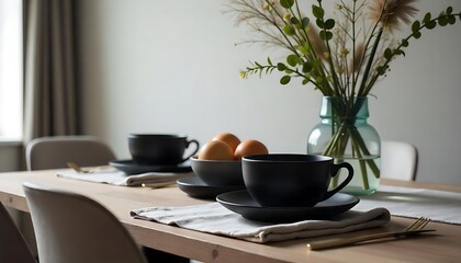 Elegant modern table setting with black ceramic dinnerware and minimalist decor, creating a modern and sophisticated ambiance, created with generative ai