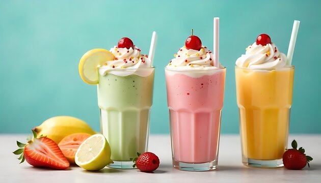 Summer cold Drinks with colorful stroves, Delightful summer treats indulging in flavorful milkshakes and creamy frappes to beat the heat with tasty toppings, created with generative ai