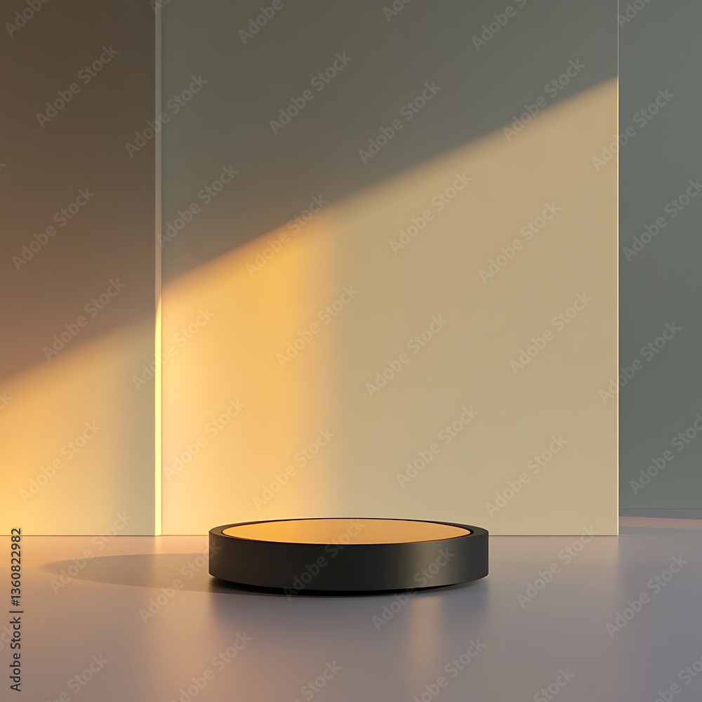 Poster minimalist, modern product display podium. soft lighting creates a warm, inviting backdrop