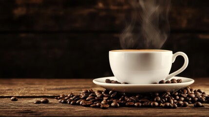 Hot coffee cup surrounded by fresh coffee beans