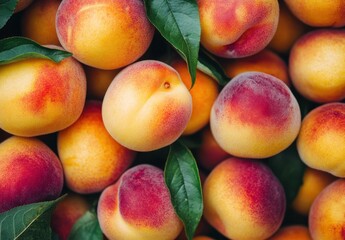 Fresh and Juicy Peaches with Vibrant Colorful Skin and Green Leaves, Perfect for Summer Recipes and Healthy Snacking