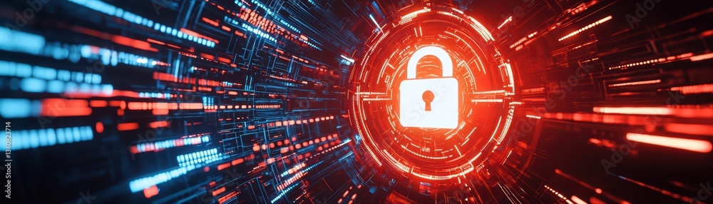 Poster digital security concept with lock and data streams