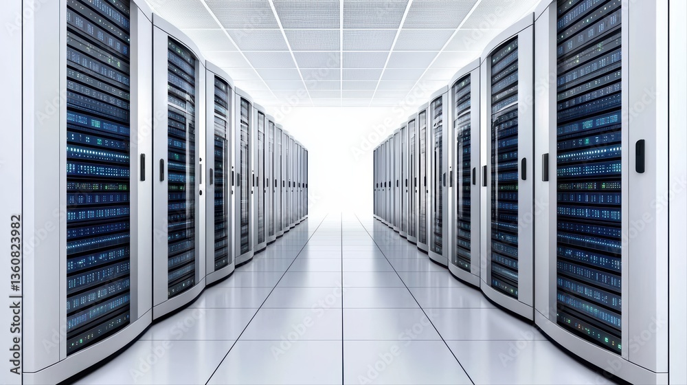 Poster data center with rows of server racks and systems