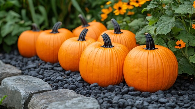 Group of orange pumpkins displayed in a garden setting with flowers