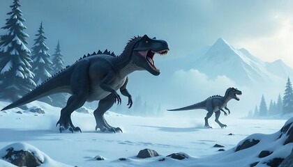 Fototapeta premium dinosaurs in an icy prehistoric landscape, Cryolophosaurus on an icy landscape, Tyrannosaurus Rex dinosaur walking and roaring in a snowy landscap, created with generative ai