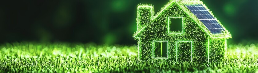 Green house with solar panel and grass background