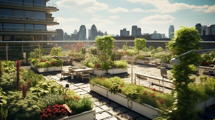 Obraz premium Urban rooftop garden with lush greenery and city skyline in the background.