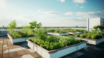 Urban rooftop garden with lush greenery and city skyline in the background.