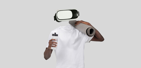 A user is immersed in a virtual reality workout while holding a water bottle and yoga mat. The environment is isolated and focuses on the blend of fitness and advanced technology.