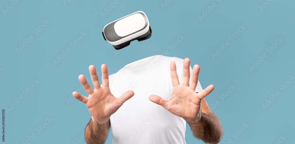 Poster a person with a virtual reality headset engages with immersive technology. they appear to be reachin