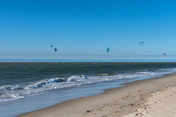 Panoramic View of Kitesurfers on a Sunny Day at the North Sea