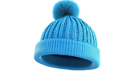 Warm and snug blue knitted beanie with a fluffy pom pom on top perfect for cold weather outfits and winter activities